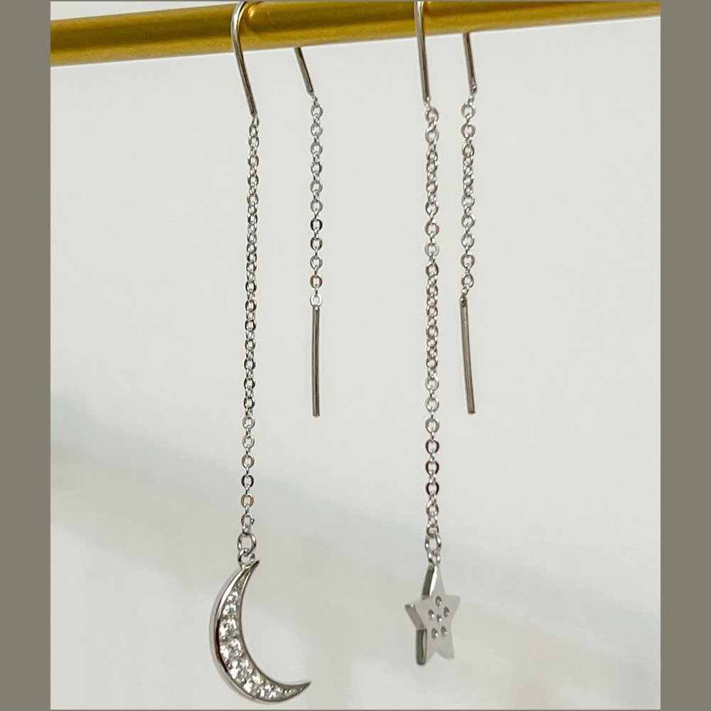 Crescent Moon & Star Drop Earrings, Night Sky Drop Earrings, Bridesmaid Jewelry - Picture 5 of 12